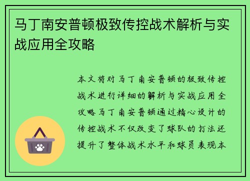 马丁南安普顿极致传控战术解析与实战应用全攻略