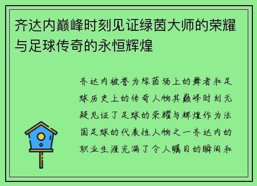 齐达内巅峰时刻见证绿茵大师的荣耀与足球传奇的永恒辉煌