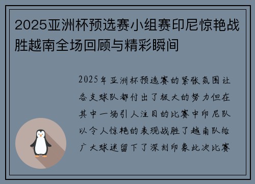 2025亚洲杯预选赛小组赛印尼惊艳战胜越南全场回顾与精彩瞬间