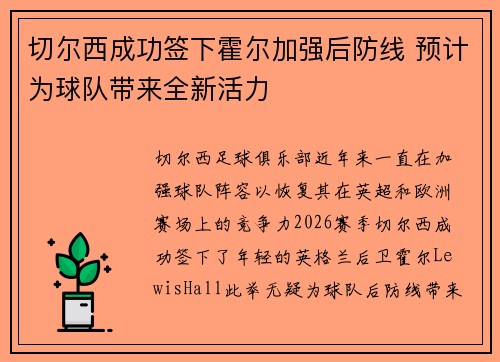 切尔西成功签下霍尔加强后防线 预计为球队带来全新活力